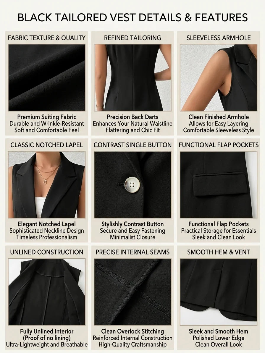 Women's Chic Sleeveless Blazer Vest - Casual Office Work Waistcoat Elegant Lapel Collar Sleeveless Blazer