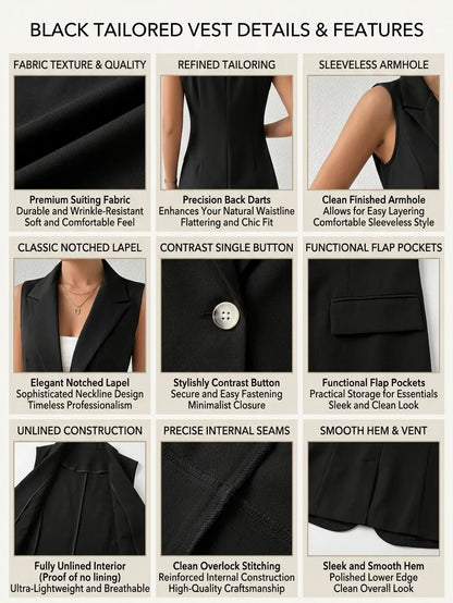 Women's Chic Sleeveless Blazer Vest - Casual Office Work Waistcoat Elegant Lapel Collar Sleeveless Blazer