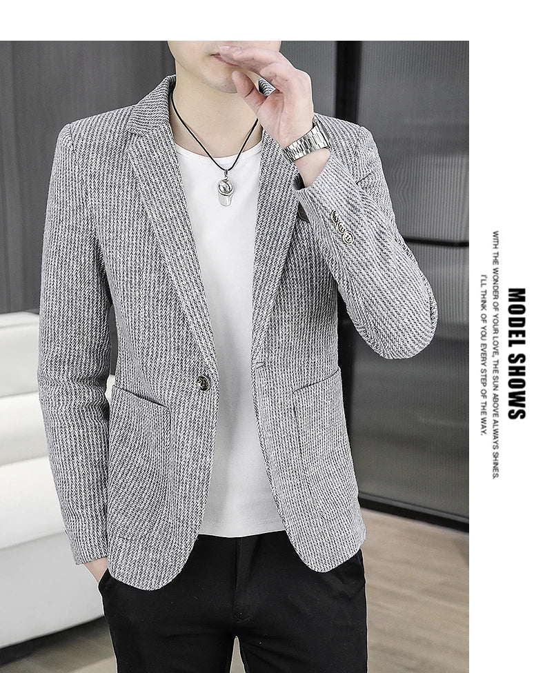 2025 Autumn Men's Casual Suit Jacket Fashion Slim Fit Striped Blazers Streetwear Social Business Versatile Formal Dress Coats