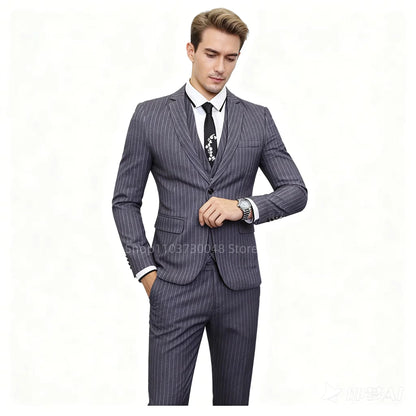 Gray Striped Men's Tuxedo 3 Piece Business Set with Notch Lapel Single Breasted Blazer Vest Pants Outfits for Wedding Party Prom