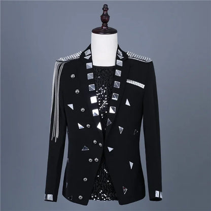 Male Black Mirror Rivet Blazer Men Singer Bar Nightclub Sequins Tassel Tuxedo Jacket Performance Stage Slim Coat Costume