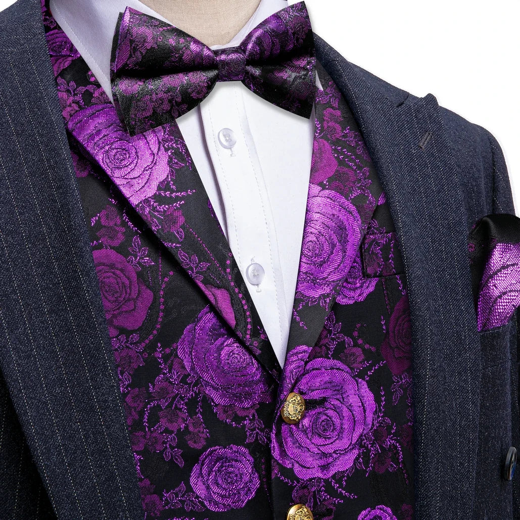 Men's Jacquard Floral Vest – Notched Lapel Waistcoat with Bowtie for Wedding & Formal Events