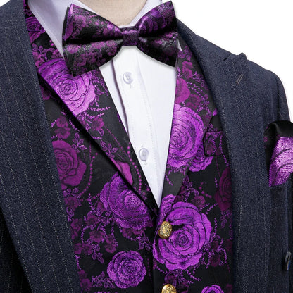 Men's Jacquard Floral Vest – Notched Lapel Waistcoat with Bowtie for Wedding & Formal Events