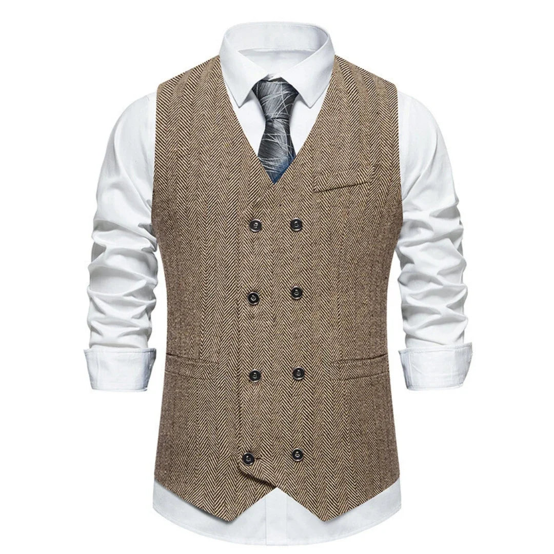 Men's Herringbone Vest Double Button V-Neck Waistcoat for Weddings & Business