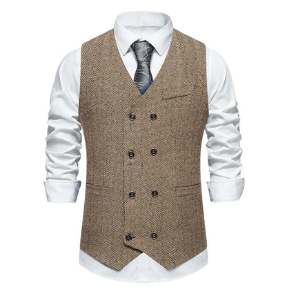 Men's Herringbone Vest Double Button V-Neck Waistcoat for Weddings & Business