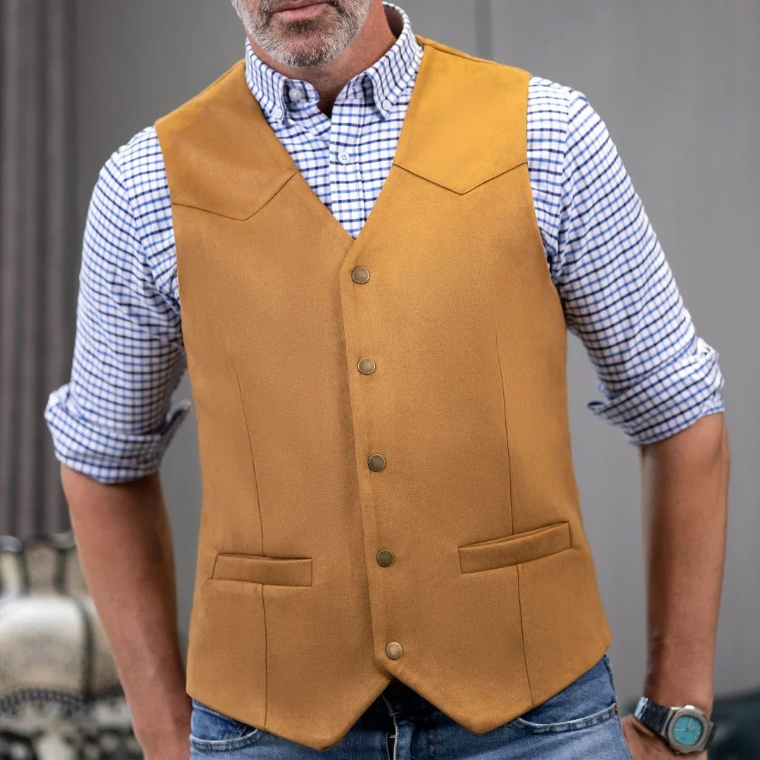 Men's Vest Single Button V-Neck Waistcoat in Gold Suede Velvet for Weddings & Formal Events