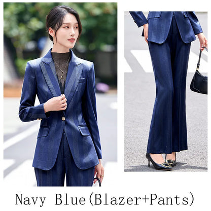 Women Blazer Pants Sets Yellow Two Pieces 2024 Autumn Workwear Trousers Formal Striped Navy Blue Long Sleeve Tops Pantsuit