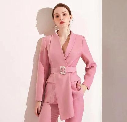 High Quality Women Belt Business Attire blazers Trousers Suits Set 2 Piece Elegant Slim Fit Pink Formal Office Lady Blazer Suits