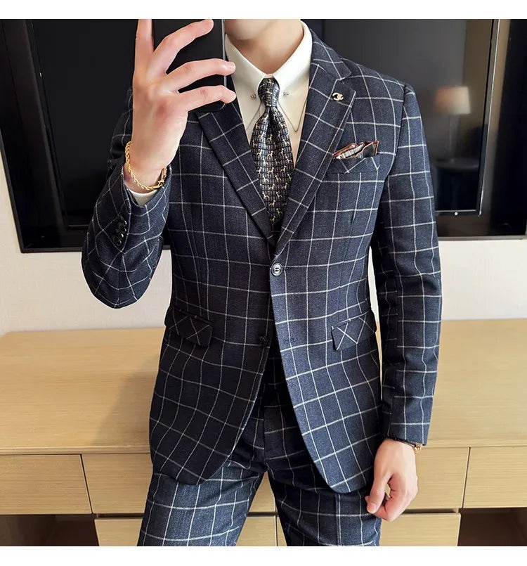 Men's 3-Piece Slim Fit Plaid Suit – Jacket, Vest & Pants for Weddings, Office & Formal Occasions