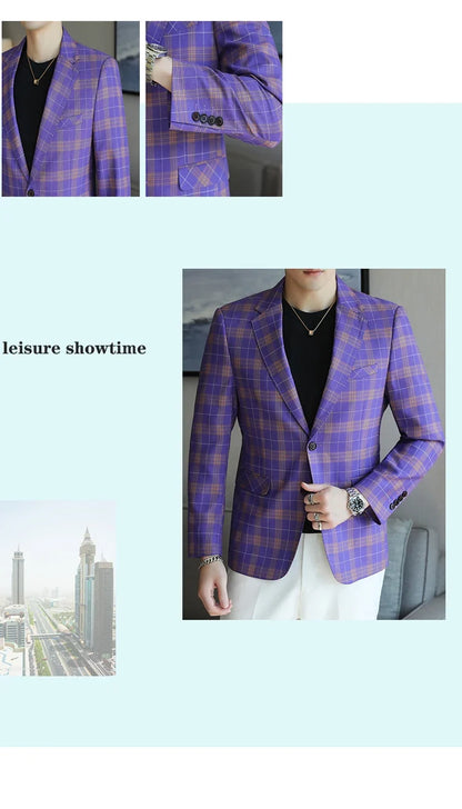 Checkered Suit Jacket for Men Single Breasted Casual Business Blazers Slim Fit Social Office Banquet Host Wedding Dress Jackets