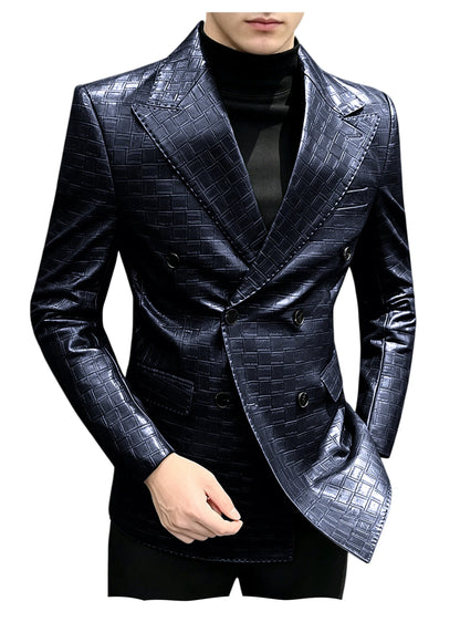 Men's Crocodile Leather Blazer Double Breasted Slim Fit Suit Jacket Formal Business Casual Sport Coat Wedding Party Streetwear