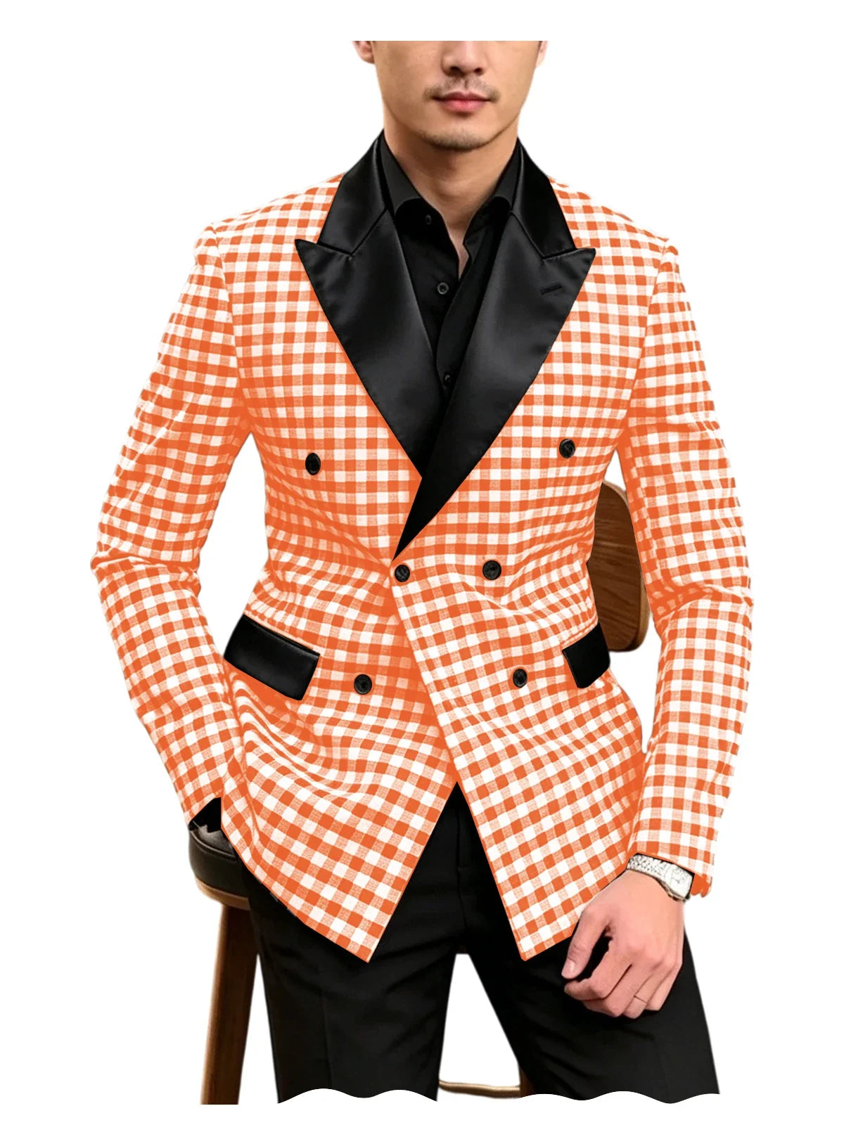 Men's Checkered Double Breasted Blazer Tailored Slim Fit Formal Jacket For Wedding Groom Cocktail Event Prom Dinner Party Coat
