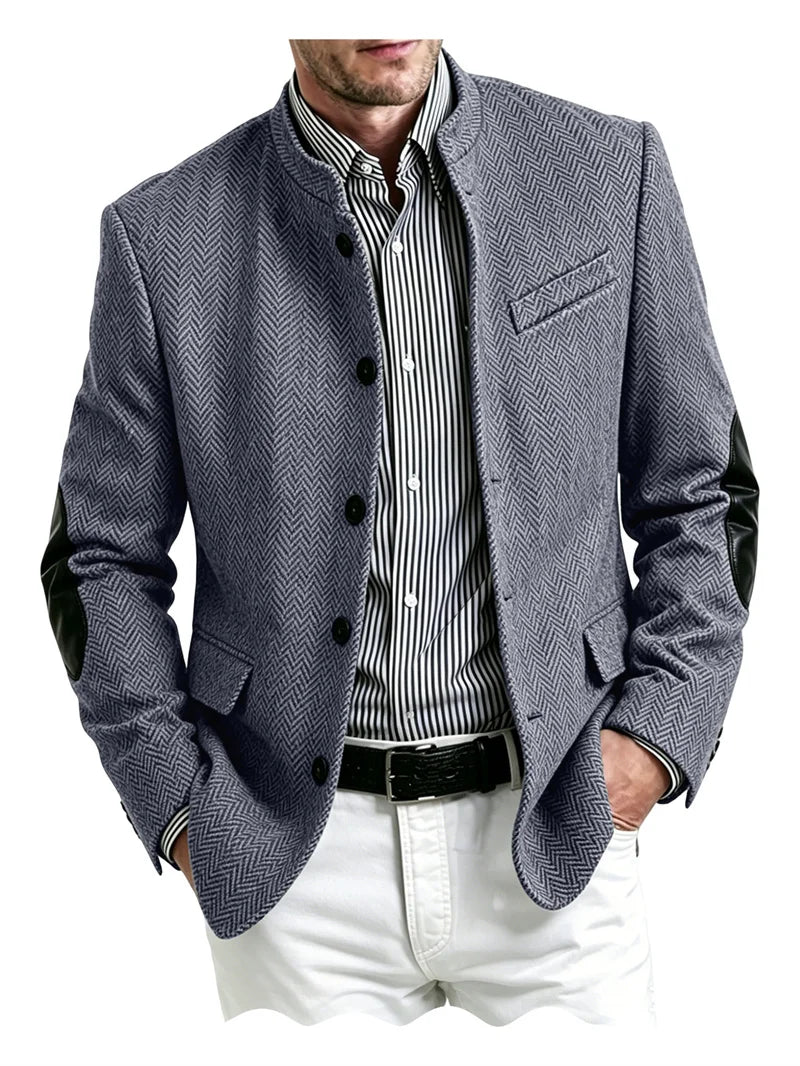 Men's Herringbone Tweed Blazer With Elbow Patches Retro Stand Collar Jacket Slim Fit Daily Party Business Casual Sport Coat ﻿