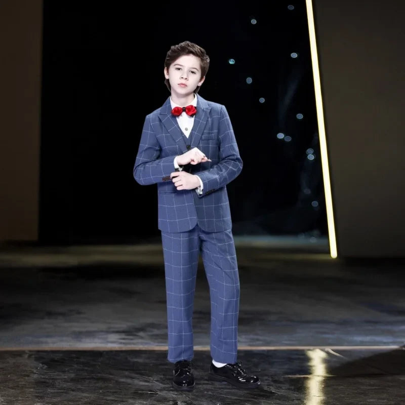 Boys Plaid 4Pieces Wedding Suit Set With Jacket Vest Pants Bowtie Kids Host Piano Performance Suit Children's Birthday Blazer