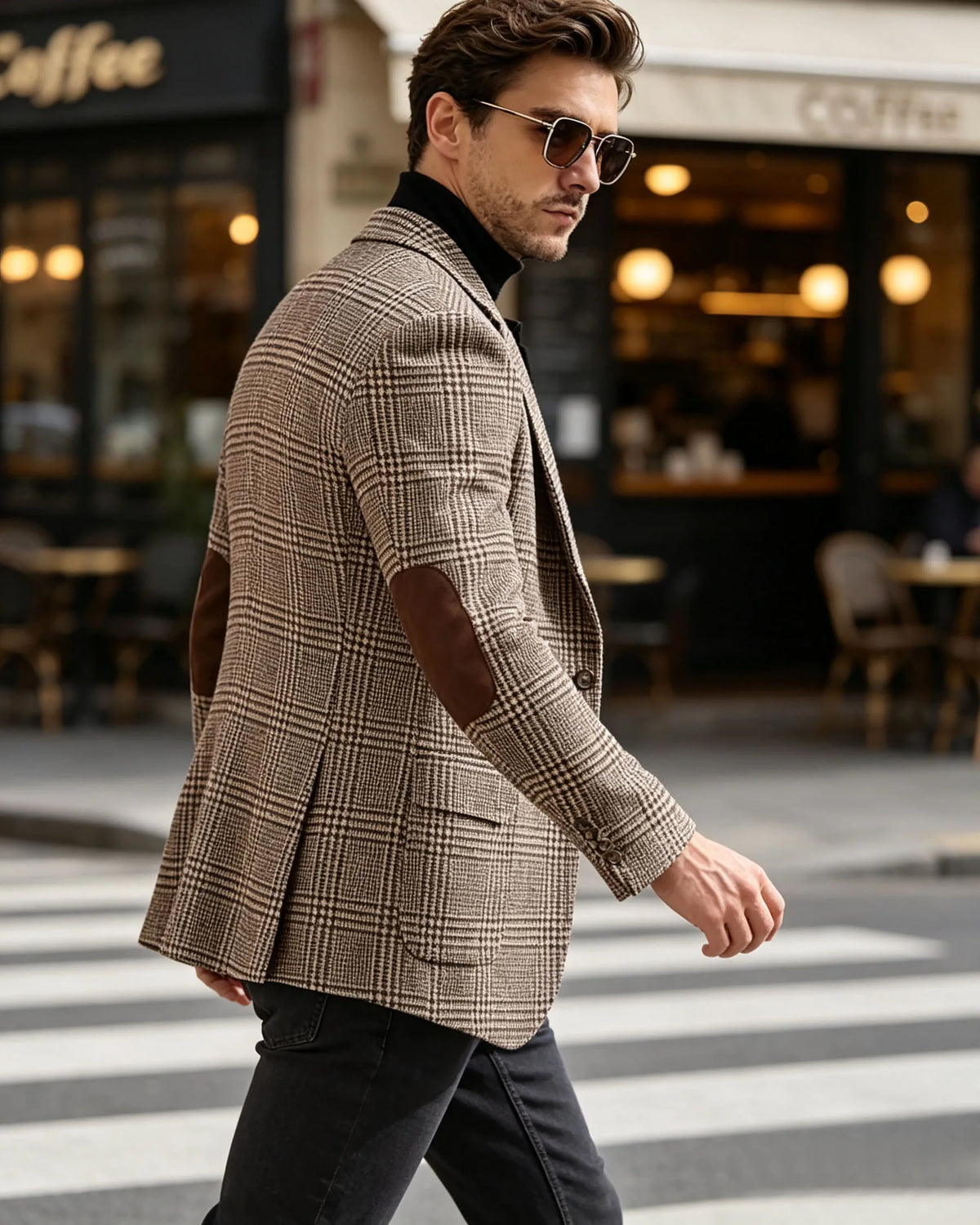 Vintage Wool Blend Plaid Men's Jackets Notched Collar Slim Fit Single Breasted Blazers With Suede Elbow Patches Business Casual