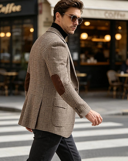 Vintage Wool Blend Plaid Men's Jackets Notched Collar Slim Fit Single Breasted Blazers With Suede Elbow Patches Business Casual