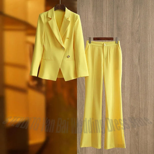 Modern Women Pant Suit Notched Lapel Single Button With Sleeves Office Work Formal Two Pieces Set Straight Chic Jacket Pants