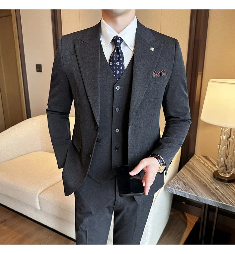 (Blazer + Vest + Trousers) 2024 New Men Formal Business Solid Suit 3 Pieces Set Italian Style Luxury Wedding Social Party Tuxedo