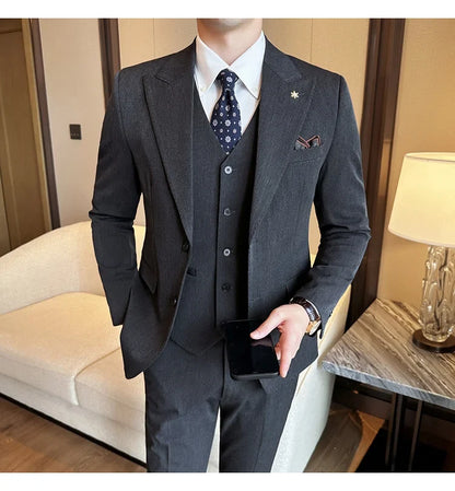 (Blazer + Vest + Trousers) 2024 New Men Formal Business Solid Suit 3 Pieces Set Italian Style Luxury Wedding Social Party Tuxedo