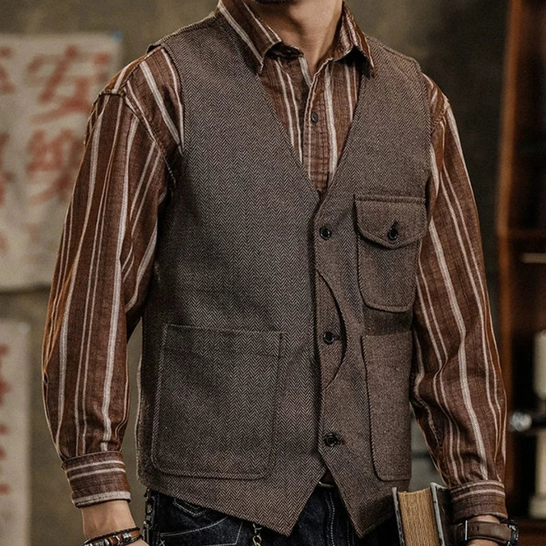 Men's Herringbone Suit Vest – Single Button Waistcoat for Wedding & Business