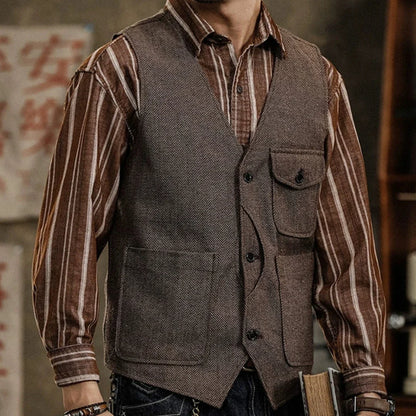 Men's Herringbone Suit Vest – Single Button Waistcoat for Wedding & Business