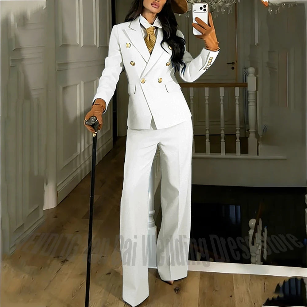 Navy Blue Women's Suit Regular Fitted Customized Peaked Lapel Blazer Professional Outfit(Jacket+Pants) Office Lady Daily Set