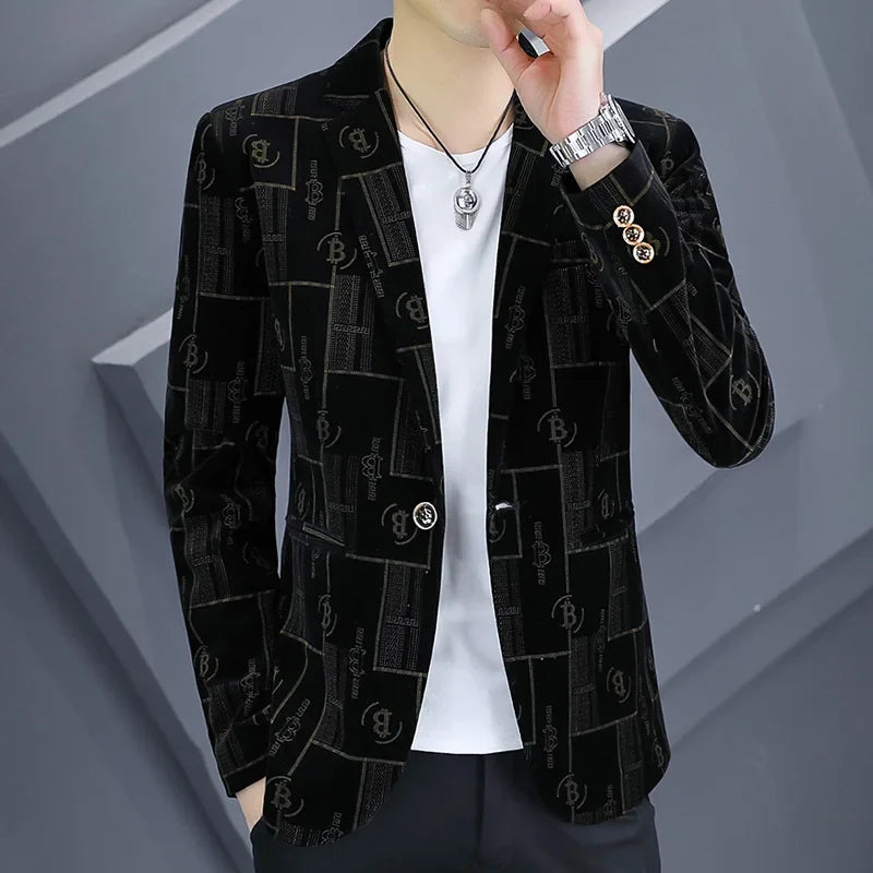 Autumn Luxury Corduroy Suit Jacket for Men Letter Printed Casual Business Men Blazers Slim Fit Social Banquet Party Dress Coats