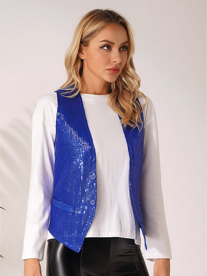 Fashion Women Sleeveless Vests Glittery Sequins Vest Music Festival Clubwear Waistcoat for Jazz Dancing Party Club Costumes