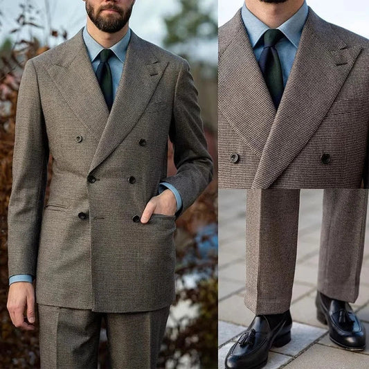 Autumn Winter New Woolen Men's Suit 2 pcs Set Houndstooth Tailored Suit jacket Pants Beige Black Men's Business Suit Mens Blazer