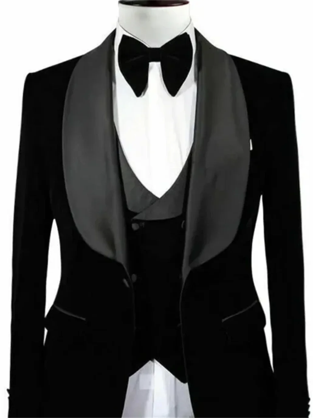 3 Pieces Men's Suit Black Velvet Jacket Vest & Black Pants Shawl Lapel Wedding Prom Dinner Banquet Groom Tuxedos