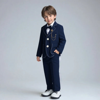 Gentlman Boys Formal Wedding Suit Set Kids Blazer Vest Pants Bowtie Brooch 5Pieces Clothes Set Children's Performance Costume
