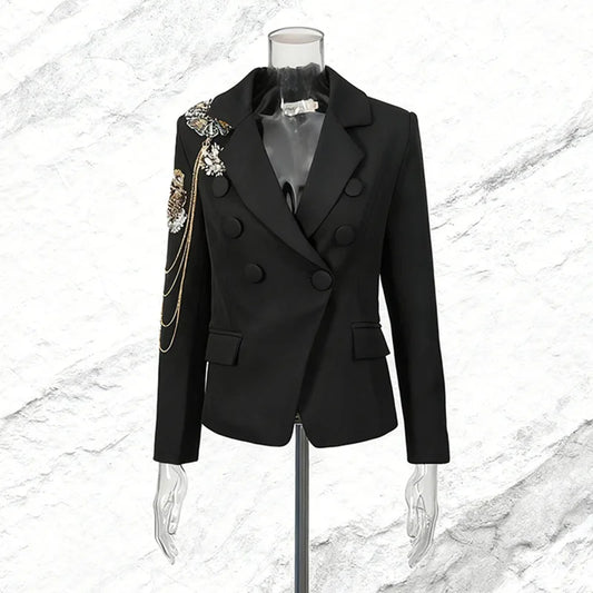 Spring Autumn New Women Blazer Beaded Studded Diamonds Chain Notched Collar Double Breasted Slim Fit Elegant Jacket HK16317