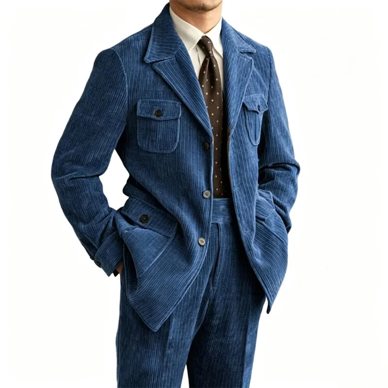 Men's Retro Corduroy 2 Pieces Suit Multi Flap Pockets Safari Blazer Matching Trousers For Formal Daily Party Wedding Business