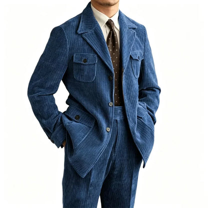 Men's Retro Corduroy 2 Pieces Suit Multi Flap Pockets Safari Blazer Matching Trousers For Formal Daily Party Wedding Business