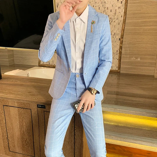 Men's Linen 3-Piece Slim Fit Suit – Blue & Beige | XS–6XL