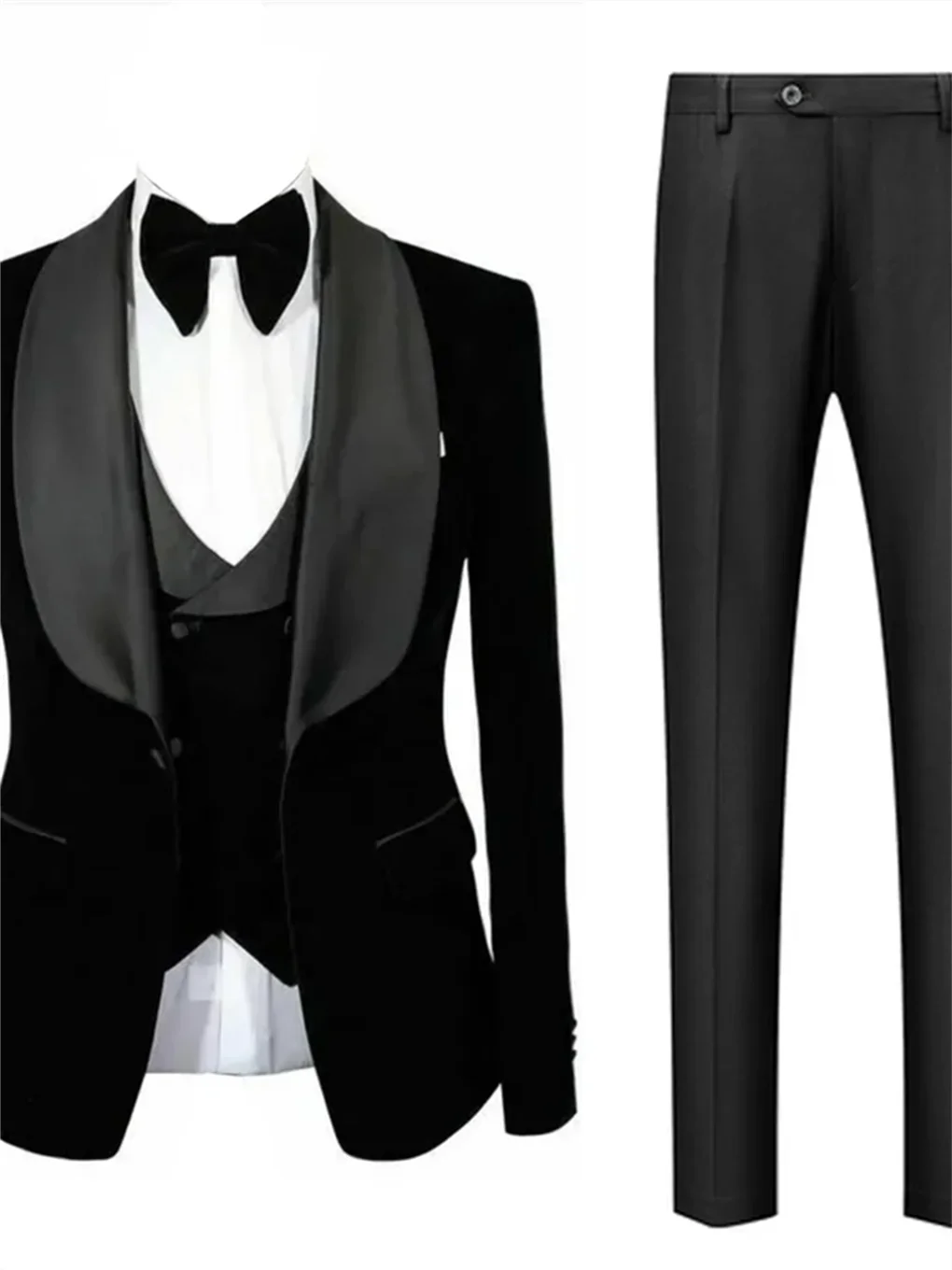 3 Pieces Men's Suit Black Velvet Jacket Vest & Black Pants Shawl Lapel Wedding Prom Dinner Banquet Groom Tuxedos
