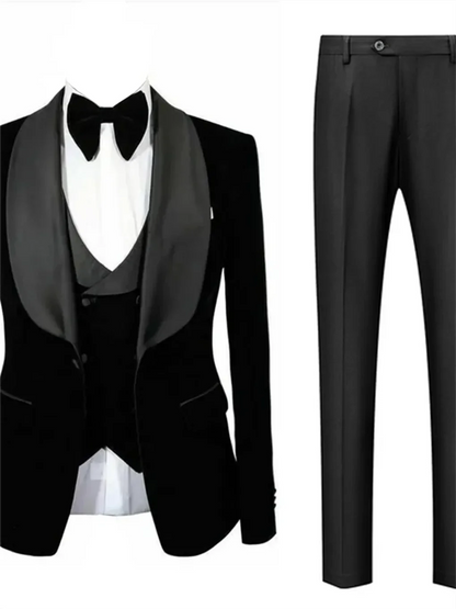 3 Pieces Men's Suit Black Velvet Jacket Vest & Black Pants Shawl Lapel Wedding Prom Dinner Banquet Groom Tuxedos