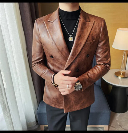 Brand Retro Leather Suit Jacket Men British Style Double Breasted Casual Business Blazers Wedding Groom Party Banquet Jackets
