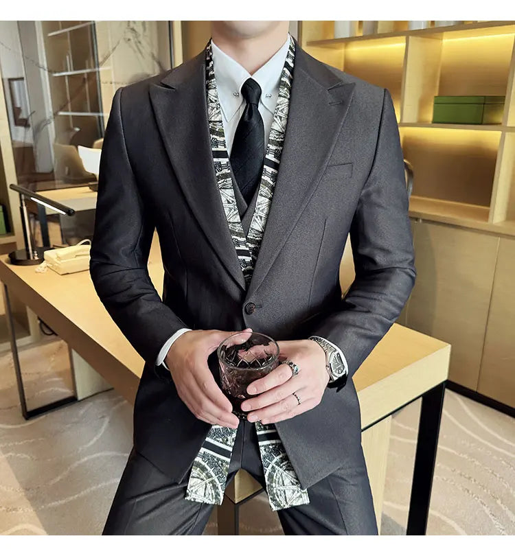 Double Collar Suit Set 3 Pieces Business Formal Casual Suits Vest Trousers Office Work Party Prom Wedding Groomsmen Clothing