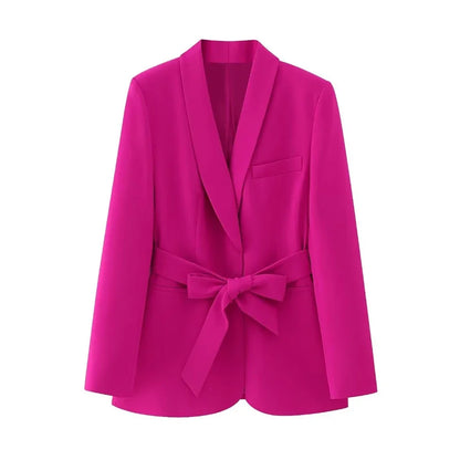 Elegant Shawl Lapel Women Suits Two Piece Summer Long Sleeves No Buttons Tuxedo Slim Casual Daily Pants Sets (Blazer+Pants)