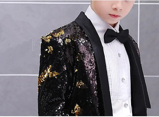 Boys Gradient Sequins Formal Wedding Birthday Party Suits Kids Jacket pants Bowtie 3pcs Price Piano Performance Costume