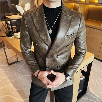 Retro Double Breasted Leather Jacket Mens High-end Fashion Slim Fit business Casual Suit Coat Formal Social Party Prom Tuxedos