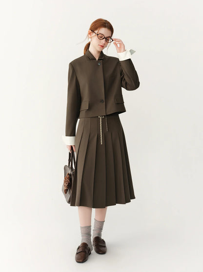 FSLE 2026 Fall Women's Korean-Inspired Petite Cropped Camel Acetate Lyocell Blend Blazer - Chic Office Commute Outerwear