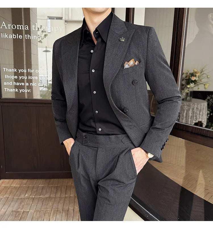 (Blazer + Trousers) Fashion Double Breasted Design Slim Men's Suit Italian Style Luxury Wedding Social Party Tuxedo 2 Piece Set