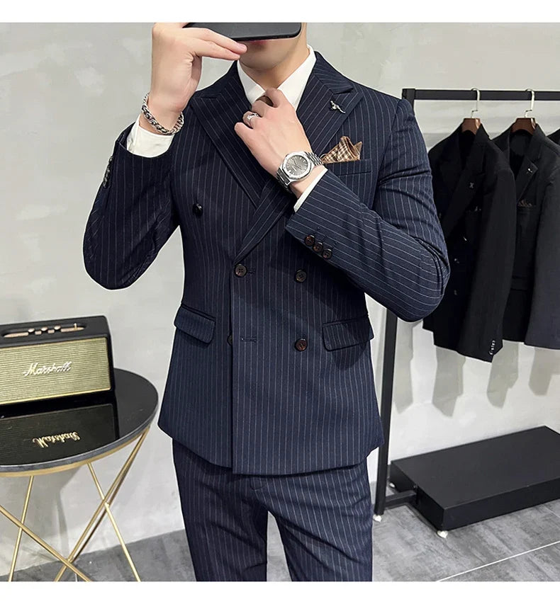 Men's Double-Breasted 2-Piece Suit – Classic Striped, Wedding & Business