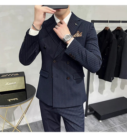 Men's Double-Breasted 2-Piece Suit – Classic Striped, Wedding & Business