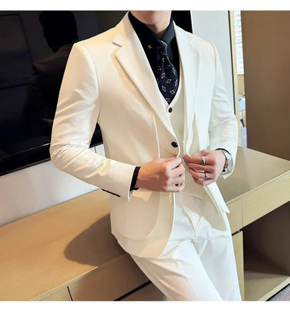 British Style Fake Two-piece Suit Set Men's Wedding Groom Dress 3 Piece Set Suit Vest Trousers Slim Office Business Casual Suits