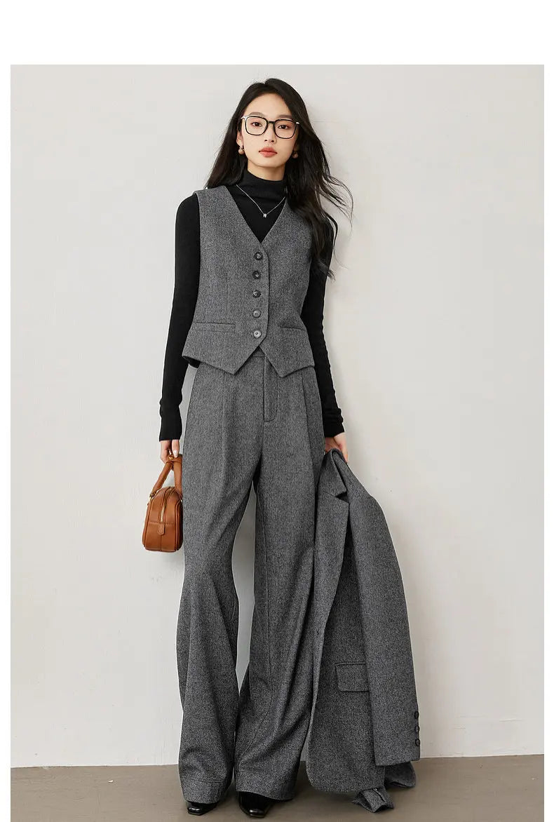 Dark Gray Wool Blend Blazer 2026 Autumn Winter New Fashion Office Lady Elegant Coat Casual Loose-fit Female Jackets M9353