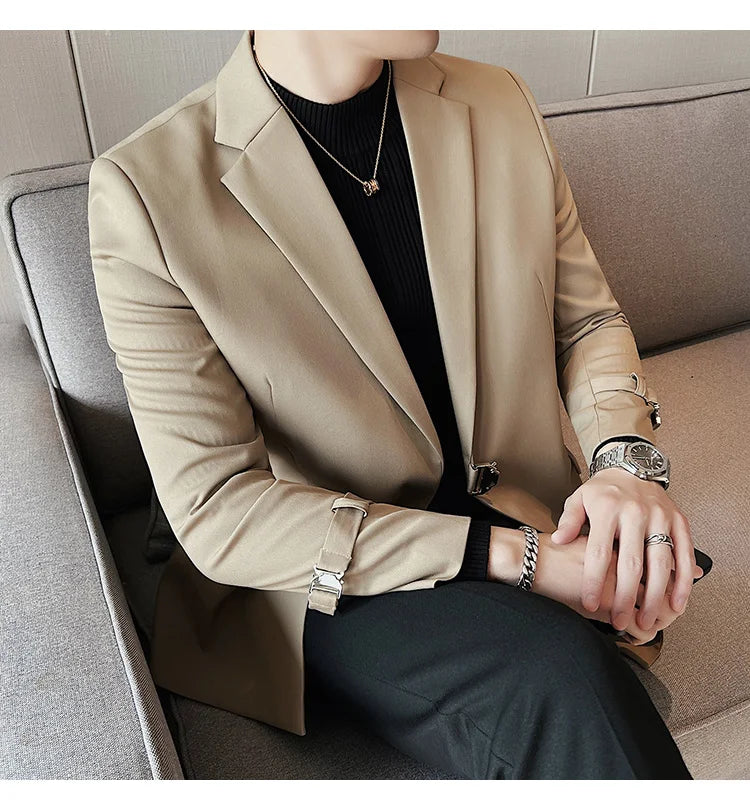 Men's Slim Fit Blazer Metal Buckle Decoration Smart Casual Wedding Party Jacket