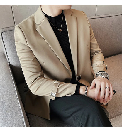 Men's Slim Fit Blazer Metal Buckle Decoration Smart Casual Wedding Party Jacket